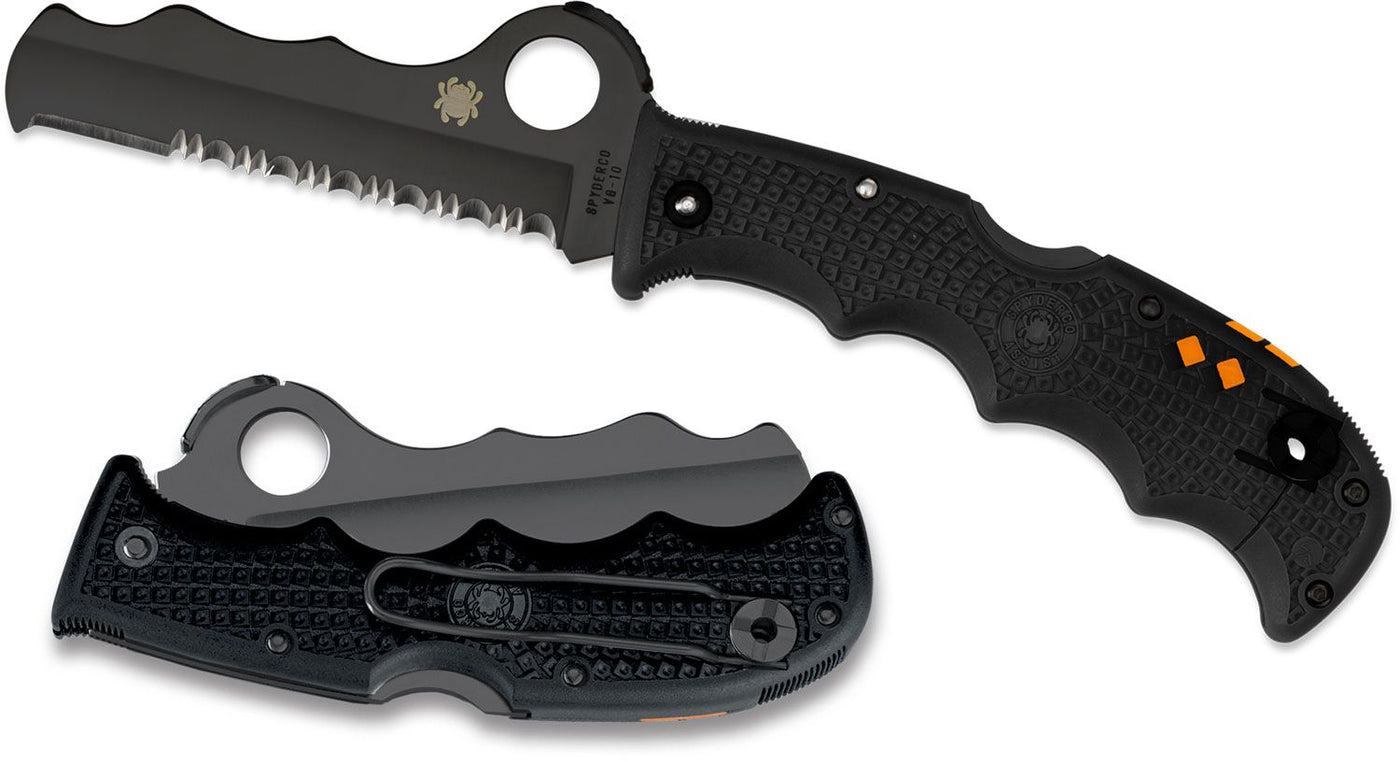 Spyderco Assist Rescue Folding Knife 3-11/16" VG10 Black Combo Blade, Black FRN Handles, Whistle, Retractable Window Breaker - C79PSBBK
