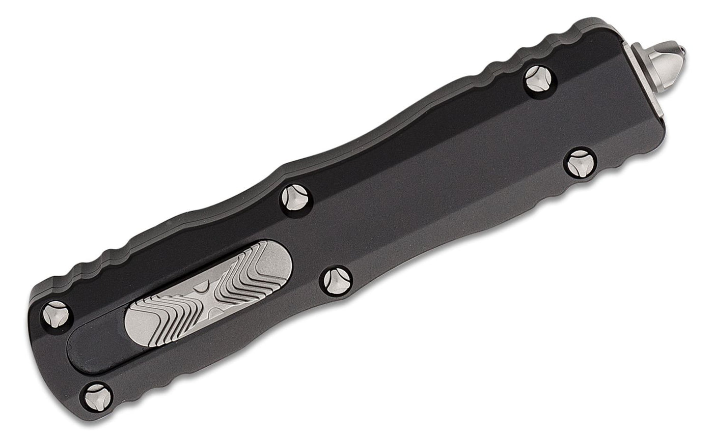 Microtech 225-11 Dirac AUTO OTF Knife 2.92" Stonewashed Double Combo Edge Dagger Blade, Black Aluminum Handles