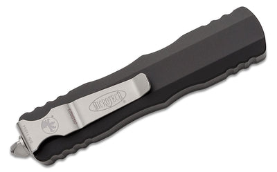 Microtech 225-11 Dirac AUTO OTF Knife 2.92" Stonewashed Double Combo Edge Dagger Blade, Black Aluminum Handles
