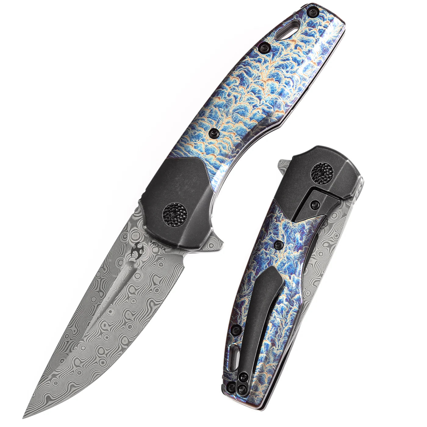 KANSEPT CASSOWARY FLIPPER BLACK STONEWASHED TITANIUM AND LIGHTNING STRIKE FINISH TITANIUM HANDLE (2.9''DAMASCUS BLADE ) KOCH TOOLS DESIGN -K2065B4