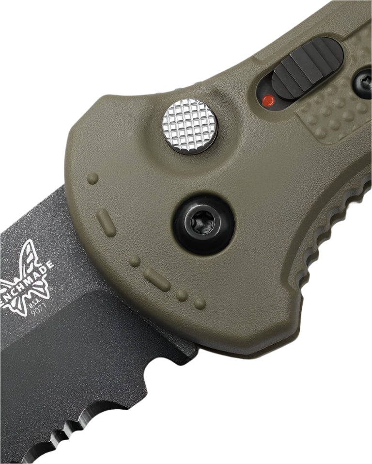 Benchmade 9071BK - 1 Claymore Folding Knife - CPM - D2 Tanto Blade, Automatic Opening, Premium Tactical EDC Pocket Knife with Ranger Green Grivory Handle - timberknives.com
