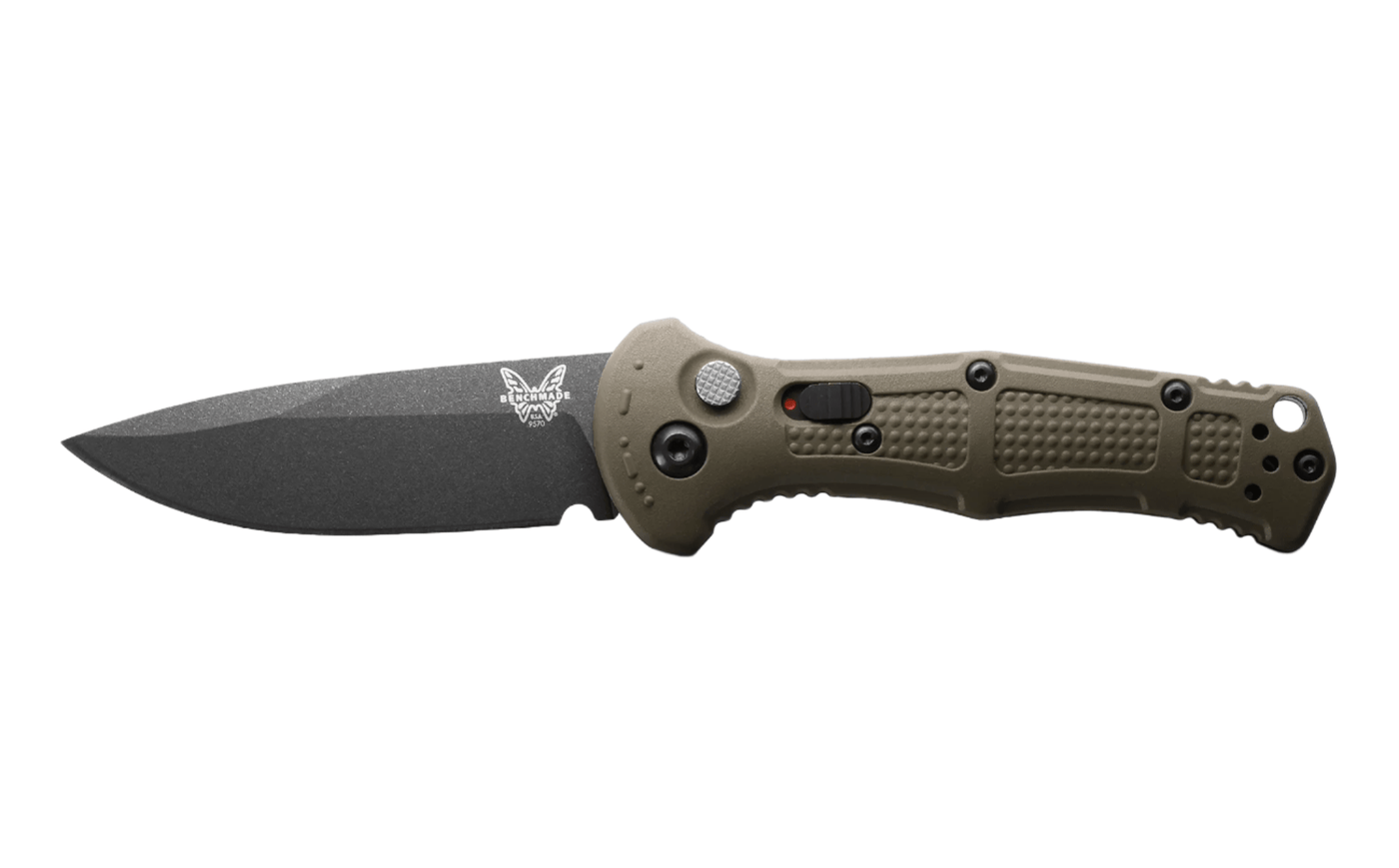 Benchmade 9570BK - 1 Mini Claymore Folding Knife - CPM - D2 Drop - Point Blade, Automatic Opening, Premium Tactical EDC Pocket Knife with Ranger Green Grivory Handle - timberknives.com