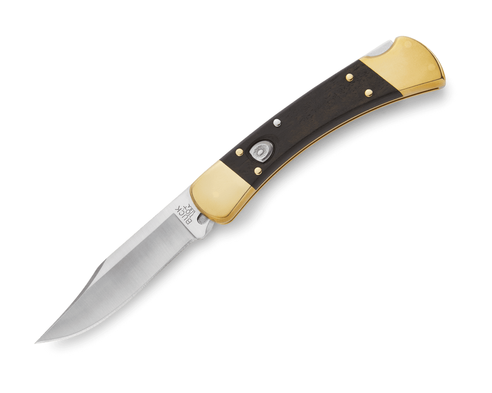 Buck Knives 0110BRSA - B 110 Auto Folding Hunter Knife - 420HC Clip Point Blade, Automatic Lockback, Premium EDC/Hunting Pocket Knife with Ebony Handle and Brass Bolsters - timberknives.com