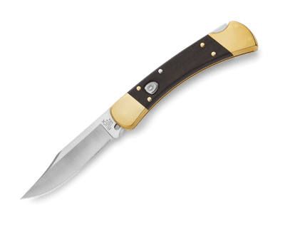 Buck Knives 0110BRSA - B 110 Auto Folding Hunter Knife - 420HC Clip Point Blade, Automatic Lockback, Premium EDC/Hunting Pocket Knife with Ebony Handle and Brass Bolsters - timberknives.com