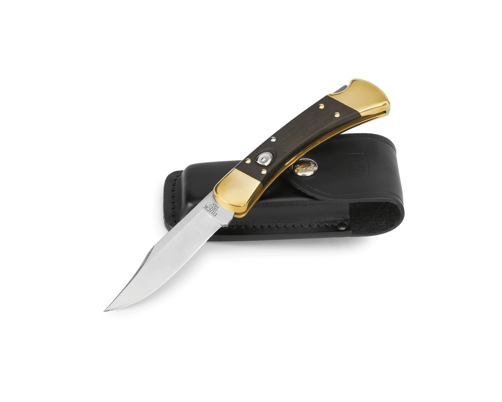 Buck Knives 0110BRSA - B 110 Auto Folding Hunter Knife - 420HC Clip Point Blade, Automatic Lockback, Premium EDC/Hunting Pocket Knife with Ebony Handle and Brass Bolsters - timberknives.com