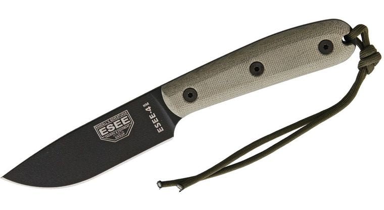 ESEE - 4HM - B, BLACK PLAIN EDGE BLADE, MODIFIED HANDLE W/ GREEN CANVAS MICARTA SCALES - LEATHER SHEATH - timberknives.com