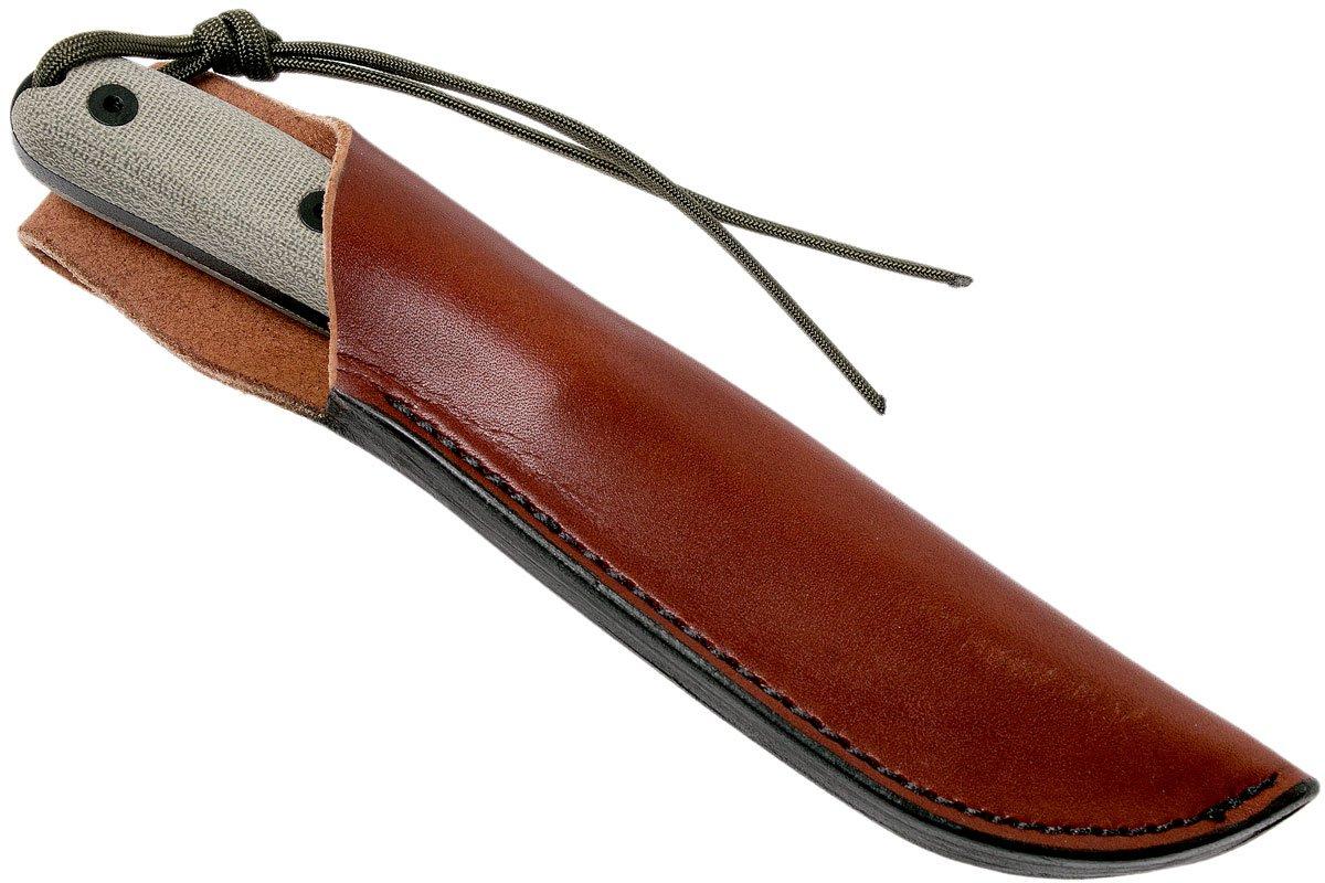 ESEE - 4HM - B, BLACK PLAIN EDGE BLADE, MODIFIED HANDLE W/ GREEN CANVAS MICARTA SCALES - LEATHER SHEATH - timberknives.com