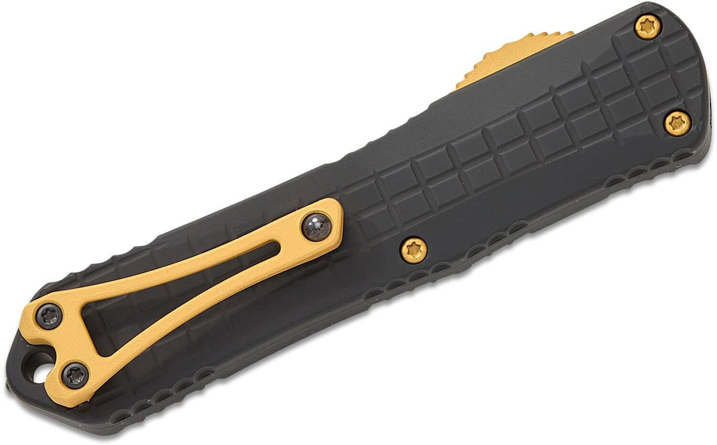 Heretic Knives Manticore E OTF AUTO Knife with gold accent and black grenade grip handle.