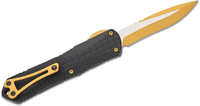 Heretic Knives Manticore E OTF AUTO Knife with two-tone gold recurve blade and black grenade grip handle.