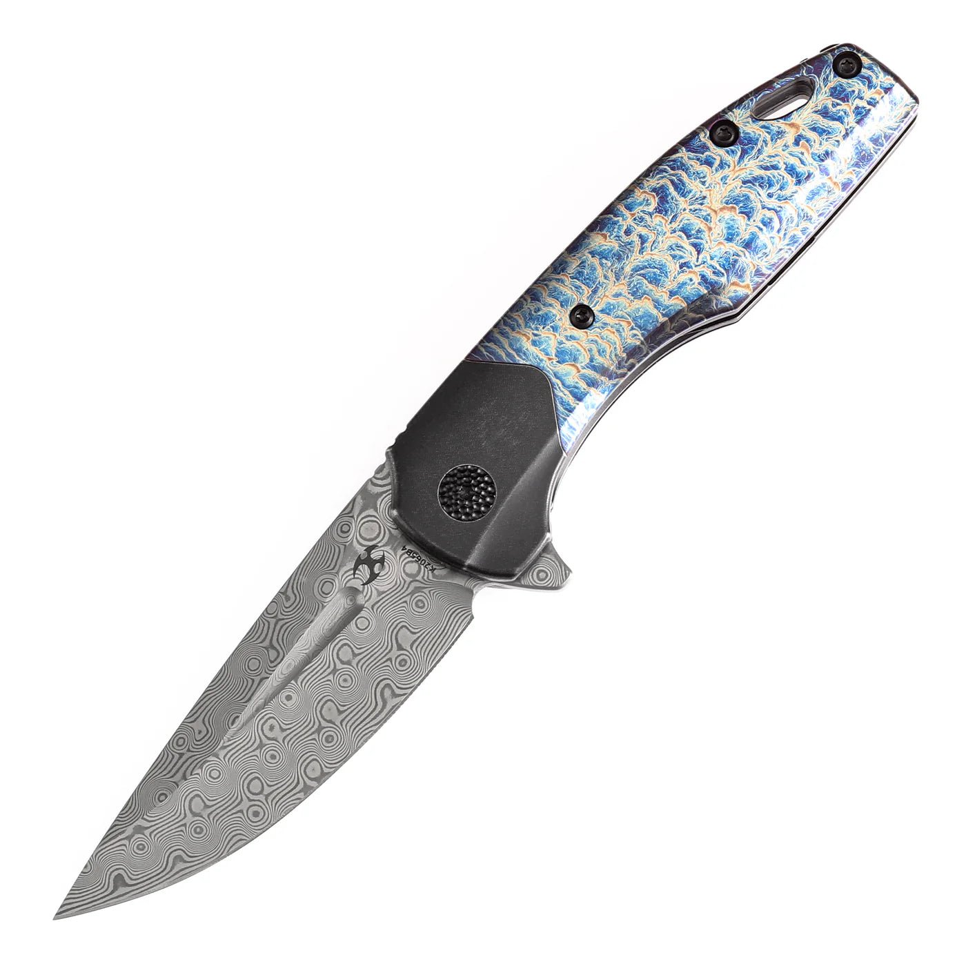 KANSEPT CASSOWARY FLIPPER BLACK STONEWASHED TITANIUM AND LIGHTNING STRIKE FINISH TITANIUM HANDLE (2.9''DAMASCUS BLADE ) KOCH TOOLS DESIGN - K2065B4 - timberknives.com