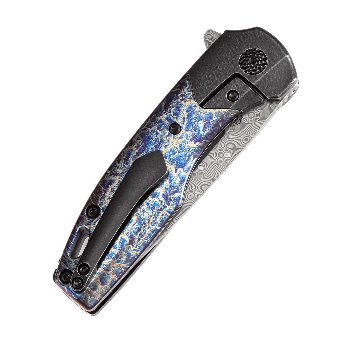 KANSEPT CASSOWARY FLIPPER BLACK STONEWASHED TITANIUM AND LIGHTNING STRIKE FINISH TITANIUM HANDLE (2.9''DAMASCUS BLADE ) KOCH TOOLS DESIGN - K2065B4 - timberknives.com