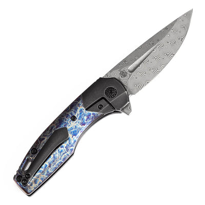 KANSEPT CASSOWARY FLIPPER BLACK STONEWASHED TITANIUM AND LIGHTNING STRIKE FINISH TITANIUM HANDLE (2.9''DAMASCUS BLADE ) KOCH TOOLS DESIGN - K2065B4 - timberknives.com