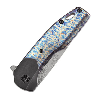 KANSEPT CASSOWARY FLIPPER BLACK STONEWASHED TITANIUM AND LIGHTNING STRIKE FINISH TITANIUM HANDLE (2.9''DAMASCUS BLADE ) KOCH TOOLS DESIGN - K2065B4 - timberknives.com