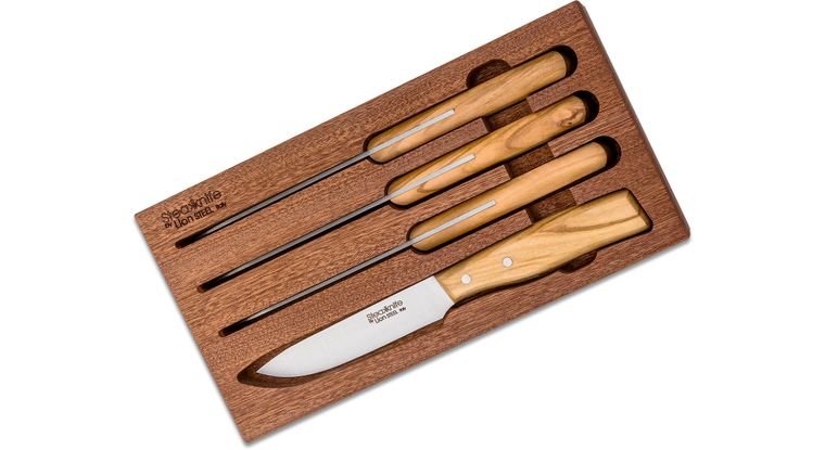 LionSteel 4 Piece Steak Knife Set in Wooden Gift Box, Olive Wood Handle - timberknives.com