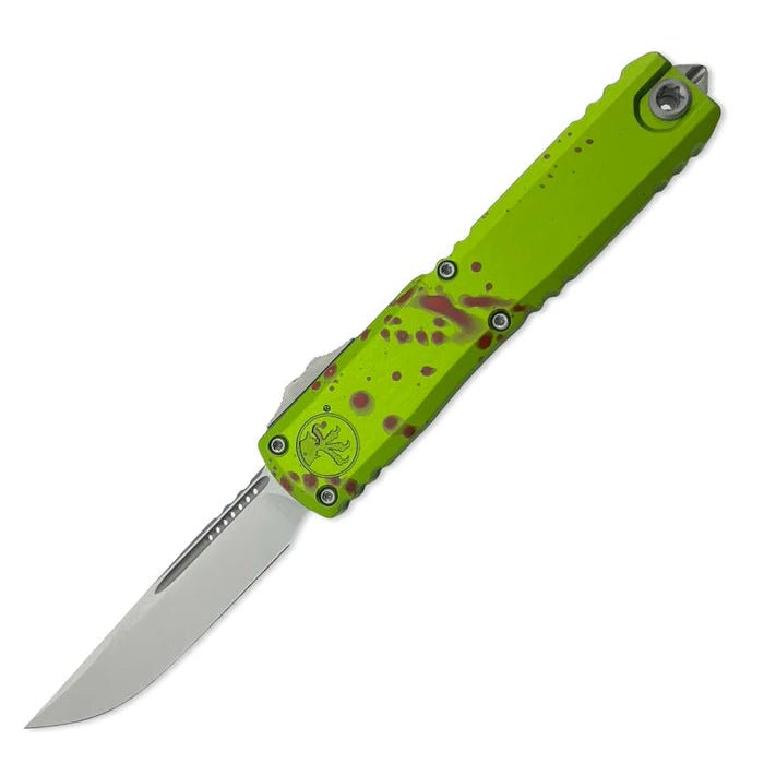 Microtech 11214 - 10Z Ultratech S/E Gen IV ZOMBIE - TECH Stonewash Standard OTF Automatic Knife - 3.46" M390MK Stonewashed Single - Edge Drop - Point Blade, Zombie Green Machined Aluminum Handle - timberknives.com