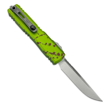 Microtech 11214 - 10Z Ultratech S/E Gen IV ZOMBIE - TECH Stonewash Standard OTF Automatic Knife - 3.46" M390MK Stonewashed Single - Edge Drop - Point Blade, Zombie Green Machined Aluminum Handle - timberknives.com