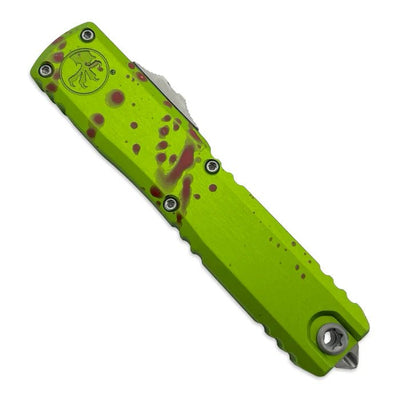 Microtech 11214 - 10Z Ultratech S/E Gen IV ZOMBIE - TECH Stonewash Standard OTF Automatic Knife - 3.46" M390MK Stonewashed Single - Edge Drop - Point Blade, Zombie Green Machined Aluminum Handle - timberknives.com