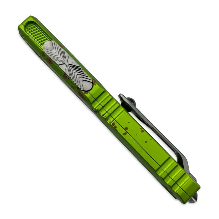 Microtech 11214 - 10Z Ultratech S/E Gen IV ZOMBIE - TECH Stonewash Standard OTF Automatic Knife - 3.46" M390MK Stonewashed Single - Edge Drop - Point Blade, Zombie Green Machined Aluminum Handle - timberknives.com