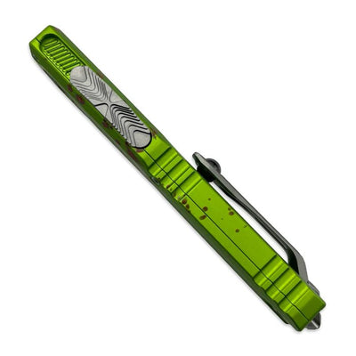Microtech 11214 - 10Z Ultratech S/E Gen IV ZOMBIE - TECH Stonewash Standard OTF Automatic Knife - 3.46" M390MK Stonewashed Single - Edge Drop - Point Blade, Zombie Green Machined Aluminum Handle - timberknives.com