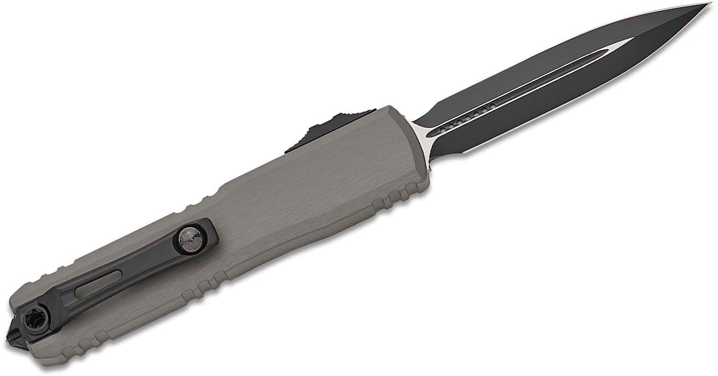 Microtech 1122 - 1NC Ultratech ZBP Zero Blade Play AUTO OTF Knife 3.5" Bohler M390MK Black Double Edge Dagger Blade, Machined Natural Clear Aluminum Handles - timberknives.com