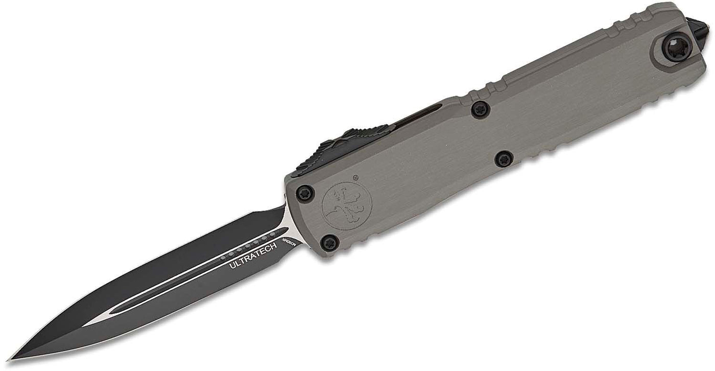 Microtech 1122 - 1NC Ultratech ZBP Zero Blade Play AUTO OTF Knife 3.5" Bohler M390MK Black Double Edge Dagger Blade, Machined Natural Clear Aluminum Handles - timberknives.com