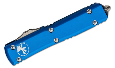 Microtech 121 - 10BL Ultratech AUTO OTF Knife 3.46" Stonewashed Drop Point Plain Blade, Blue Aluminum Handles - timberknives.com