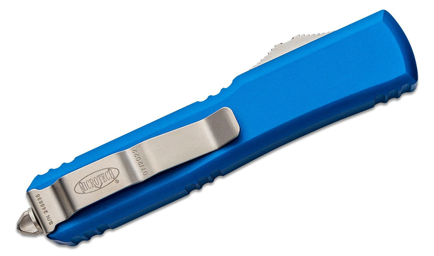 Microtech 121 - 10BL Ultratech AUTO OTF Knife 3.46" Stonewashed Drop Point Plain Blade, Blue Aluminum Handles - timberknives.com