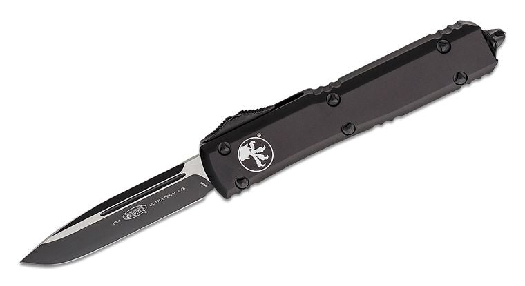 Microtech 121 - 1T Ultratech Tactical AUTO OTF Knife 3.46" Black Drop Point Plain Blade, Black Aluminum Handles - timberknives.com