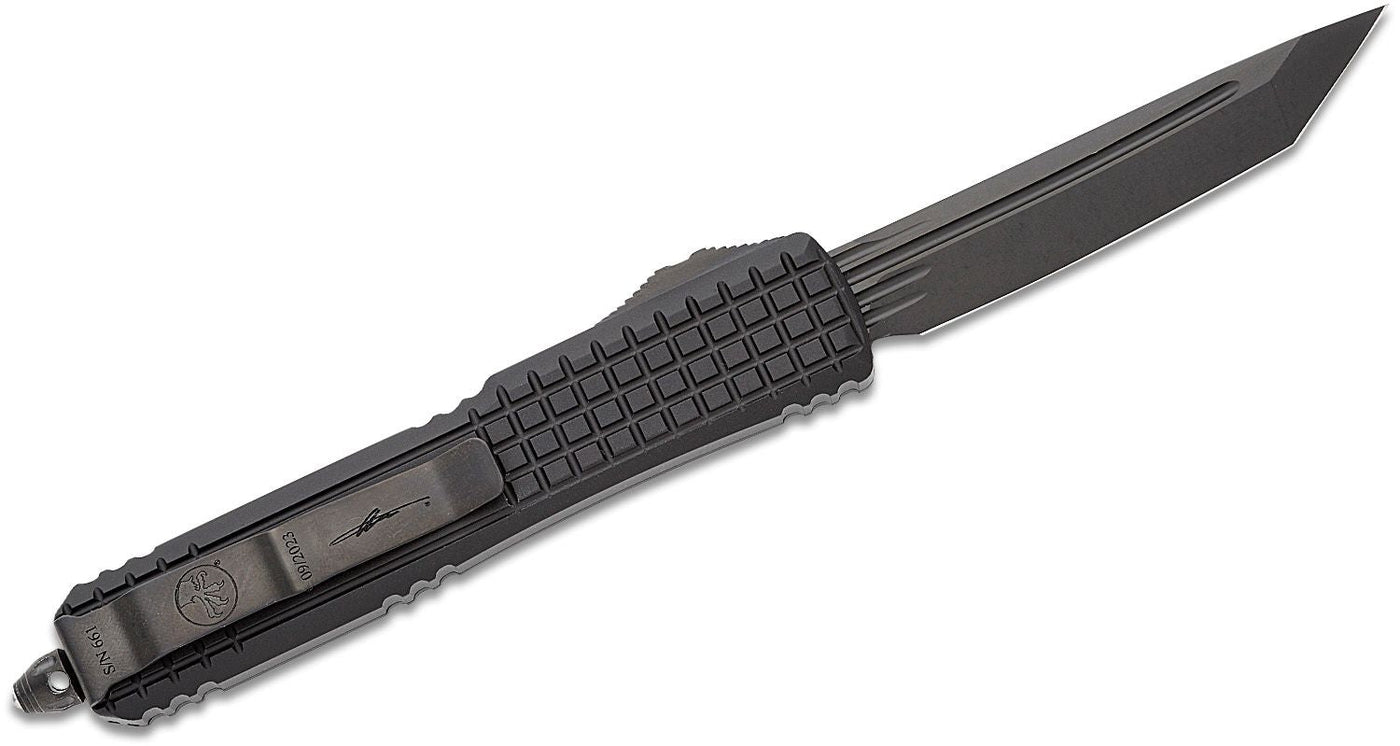 Microtech 123 - 1UT - DSH Ultratech Shadow Frag AUTO OTF 3.46" Black DLC Tanto Plain Blade, Black Aluminum Handle with Nickel Boron Internals - timberknives.com