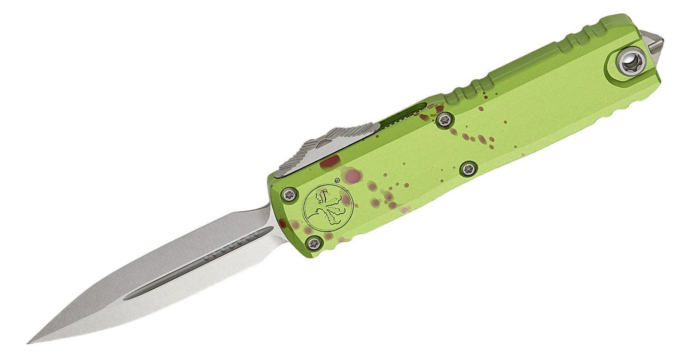 Microtech 12324 - 10Z Zombie Tech UTX - 85 Gen IV OTF AUTO Folding Knife - 3" M390MK Stonewashed Double Edge Dagger Blade, Zombie Green Machined Aluminum Handles - timberknives.com
