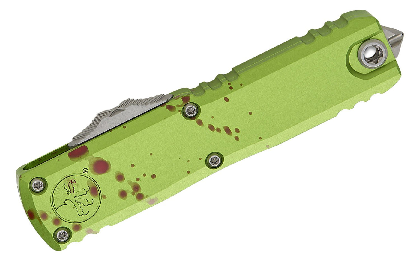 Microtech 12324 - 10Z Zombie Tech UTX - 85 Gen IV OTF AUTO Folding Knife - 3" M390MK Stonewashed Double Edge Dagger Blade, Zombie Green Machined Aluminum Handles - timberknives.com