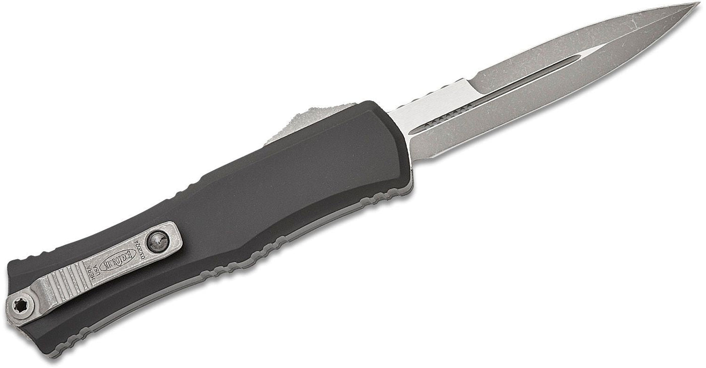 Microtech 1701M - 10AP Hera II Mini OTF AUTO Knife 3" M390MK Apocalyptic Double Edge Bayonet Blade, Black Deep Engraved Aluminum Handles - timberknives.com