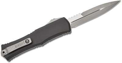 Microtech 1701M - 10AP Hera II Mini OTF AUTO Knife 3" M390MK Apocalyptic Double Edge Bayonet Blade, Black Deep Engraved Aluminum Handles - timberknives.com