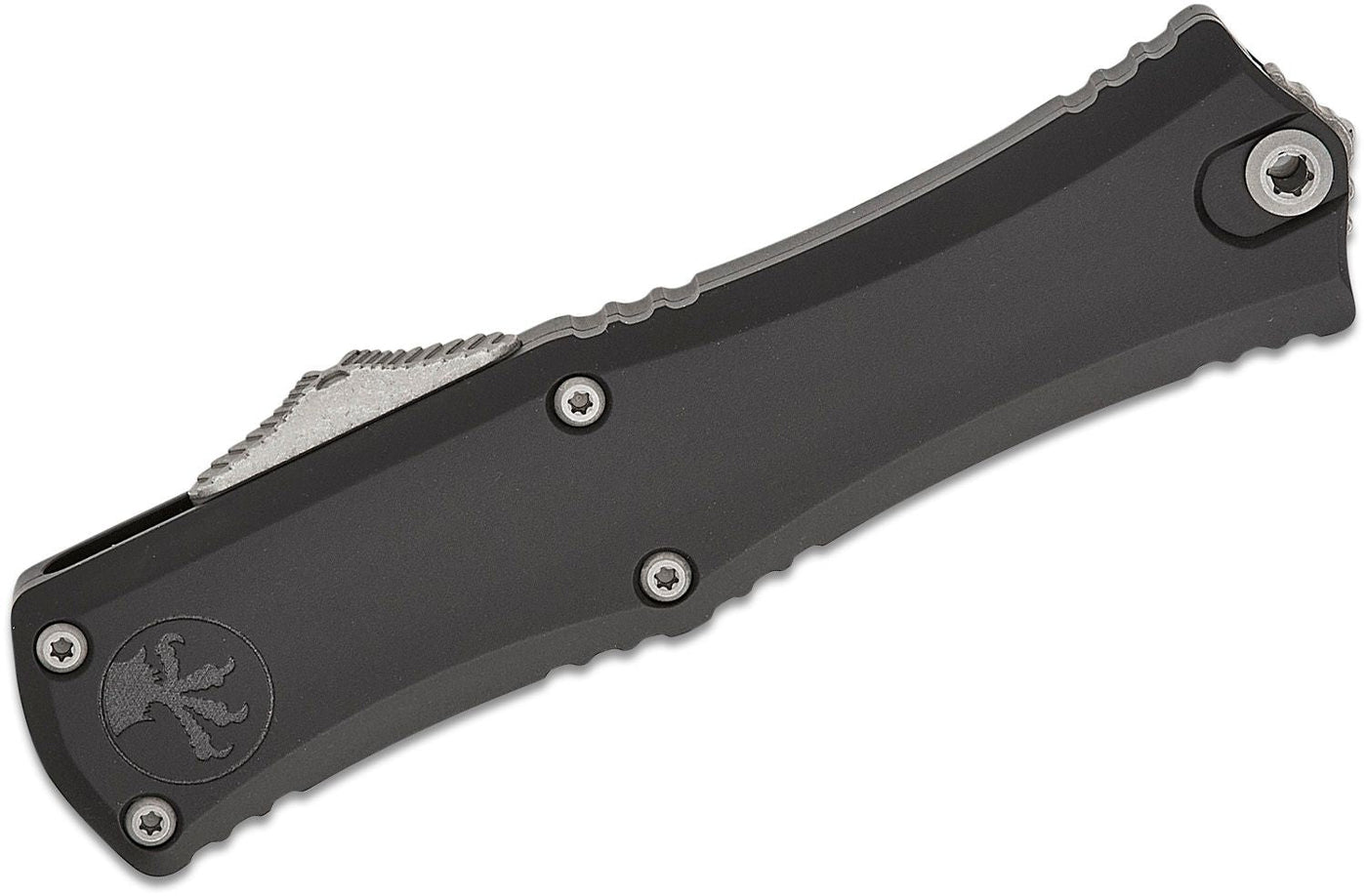 Microtech 1701M - 10AP Hera II Mini OTF AUTO Knife 3" M390MK Apocalyptic Double Edge Bayonet Blade, Black Deep Engraved Aluminum Handles - timberknives.com