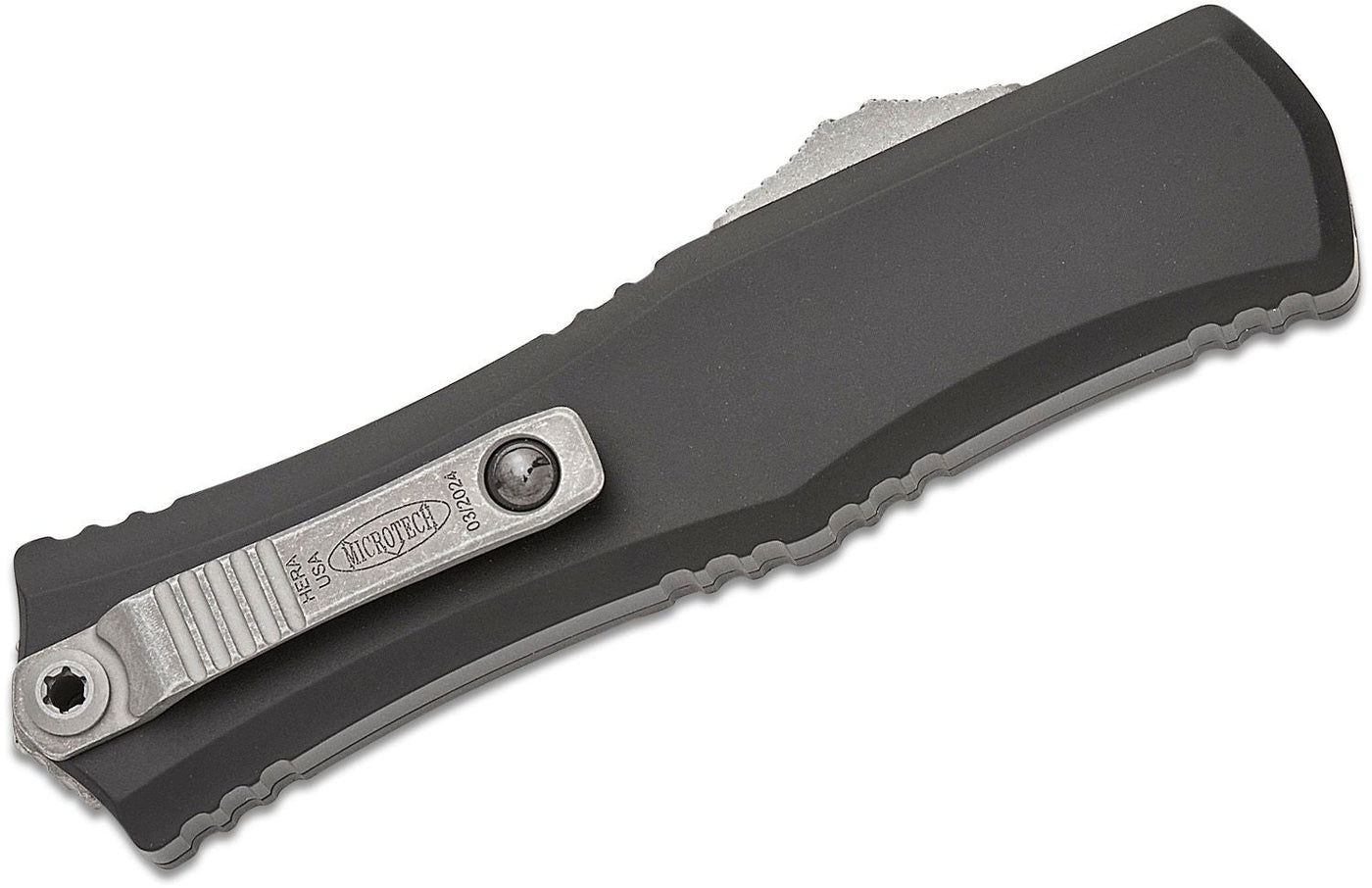 Microtech 1701M - 10AP Hera II Mini OTF AUTO Knife 3" M390MK Apocalyptic Double Edge Bayonet Blade, Black Deep Engraved Aluminum Handles - timberknives.com