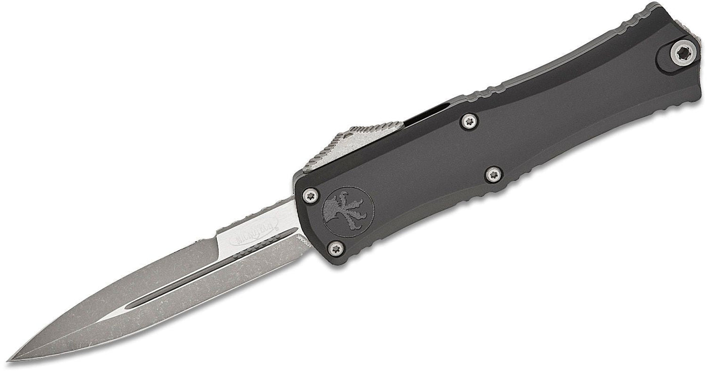 Microtech 1701M - 10AP Hera II Mini OTF AUTO Knife 3" M390MK Apocalyptic Double Edge Bayonet Blade, Black Deep Engraved Aluminum Handles - timberknives.com
