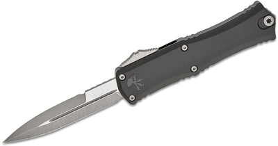 Microtech 1701M - 10AP Hera II Mini OTF AUTO Knife 3" M390MK Apocalyptic Double Edge Bayonet Blade, Black Deep Engraved Aluminum Handles - timberknives.com