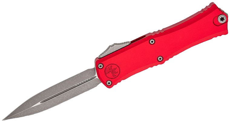 Microtech 1702M - 10APRD Hera II Mini OTF AUTO Knife - M390MK Apocalyptic Double Edge Dagger Blade, Red Deep Engraved Aluminum Handles - timberknives.com