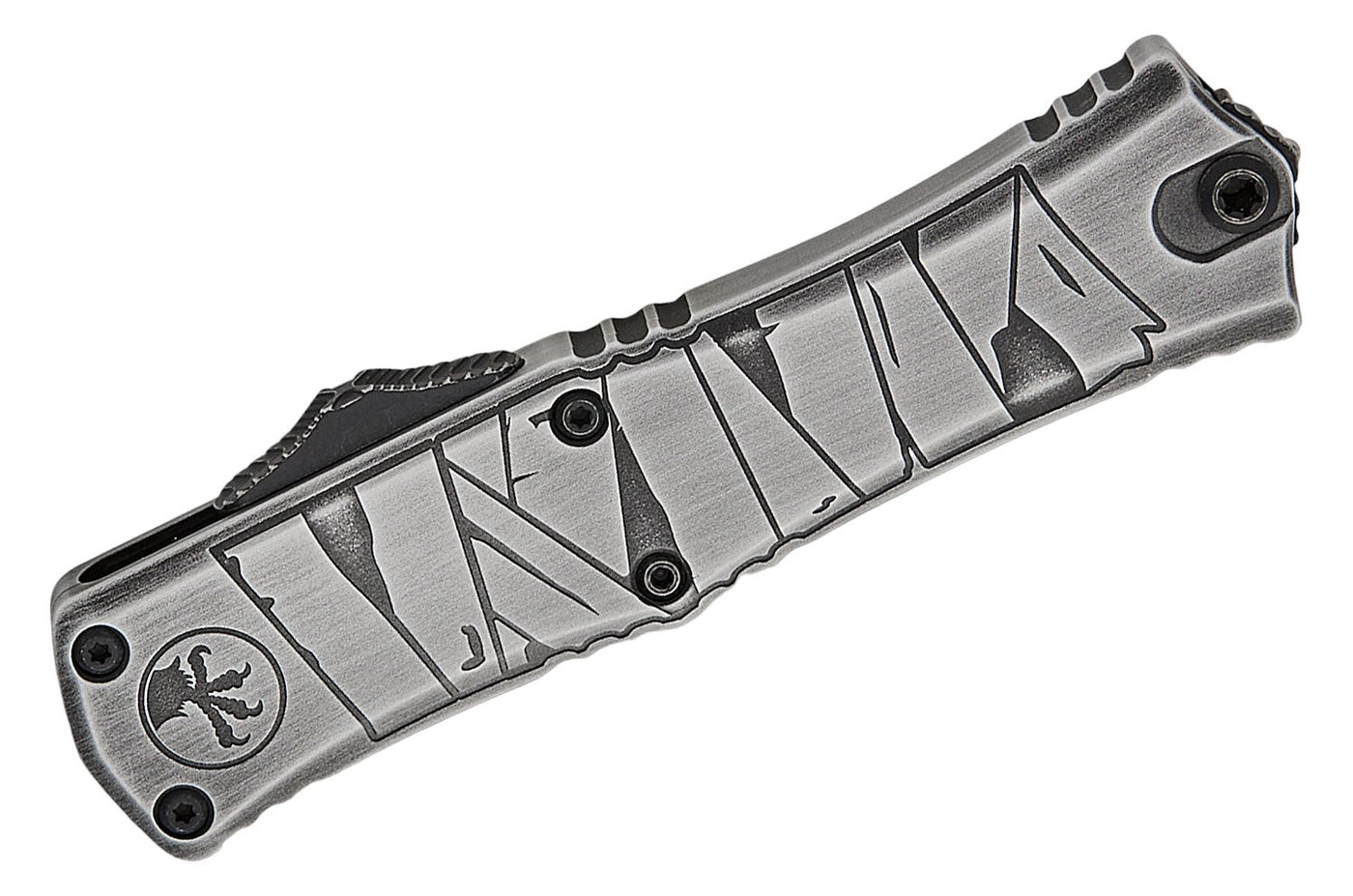 Microtech 1702M - 1BMHWMYS Signature Series Hera II Mini OTF Automatic Knife - M390MK Double - Edge Dagger Blade, Black Apocalyptic Finish, Premium Compact EDC Pocket Knife with Brushed Metal Mummy Wrap Aluminum Handle - timberknives.com