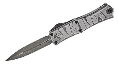 Microtech 1702M - 1BMHWMYS Signature Series Hera II Mini OTF Automatic Knife - M390MK Double - Edge Dagger Blade, Black Apocalyptic Finish, Premium Compact EDC Pocket Knife with Brushed Metal Mummy Wrap Aluminum Handle - timberknives.com