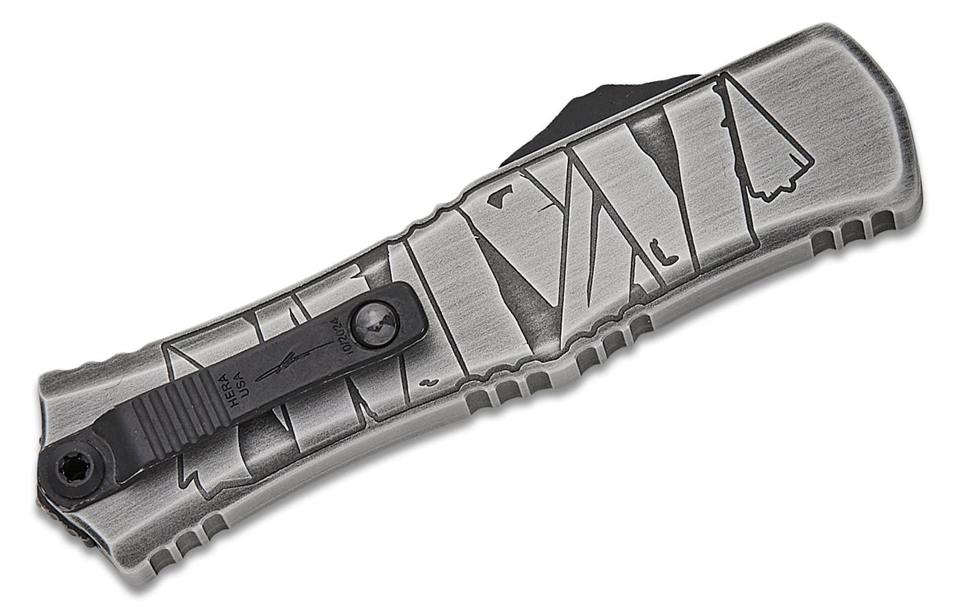 Microtech 1702M - 1BMHWMYS Signature Series Hera II Mini OTF Automatic Knife - M390MK Double - Edge Dagger Blade, Black Apocalyptic Finish, Premium Compact EDC Pocket Knife with Brushed Metal Mummy Wrap Aluminum Handle - timberknives.com