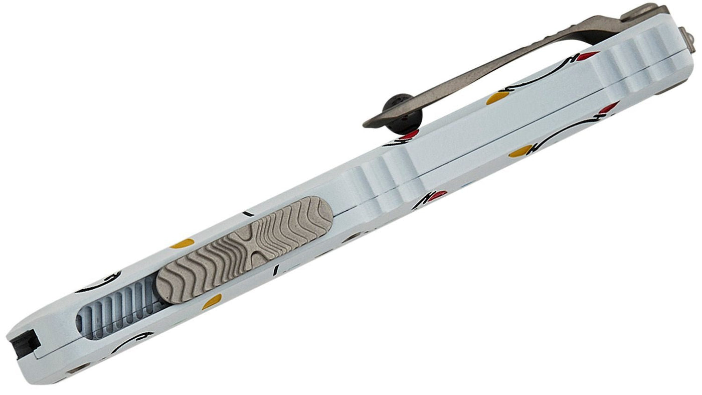 Microtech 1703M - 10WHCMAS Signature Series Hera II Mini OTF AUTO Knife 3" M390MK Stonewashed Drop Point Plain Blade, Christmas White Deep Engraved Aluminum Handles - timberknives.com