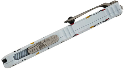 Microtech 1703M - 10WHCMAS Signature Series Hera II Mini OTF AUTO Knife 3" M390MK Stonewashed Drop Point Plain Blade, Christmas White Deep Engraved Aluminum Handles - timberknives.com