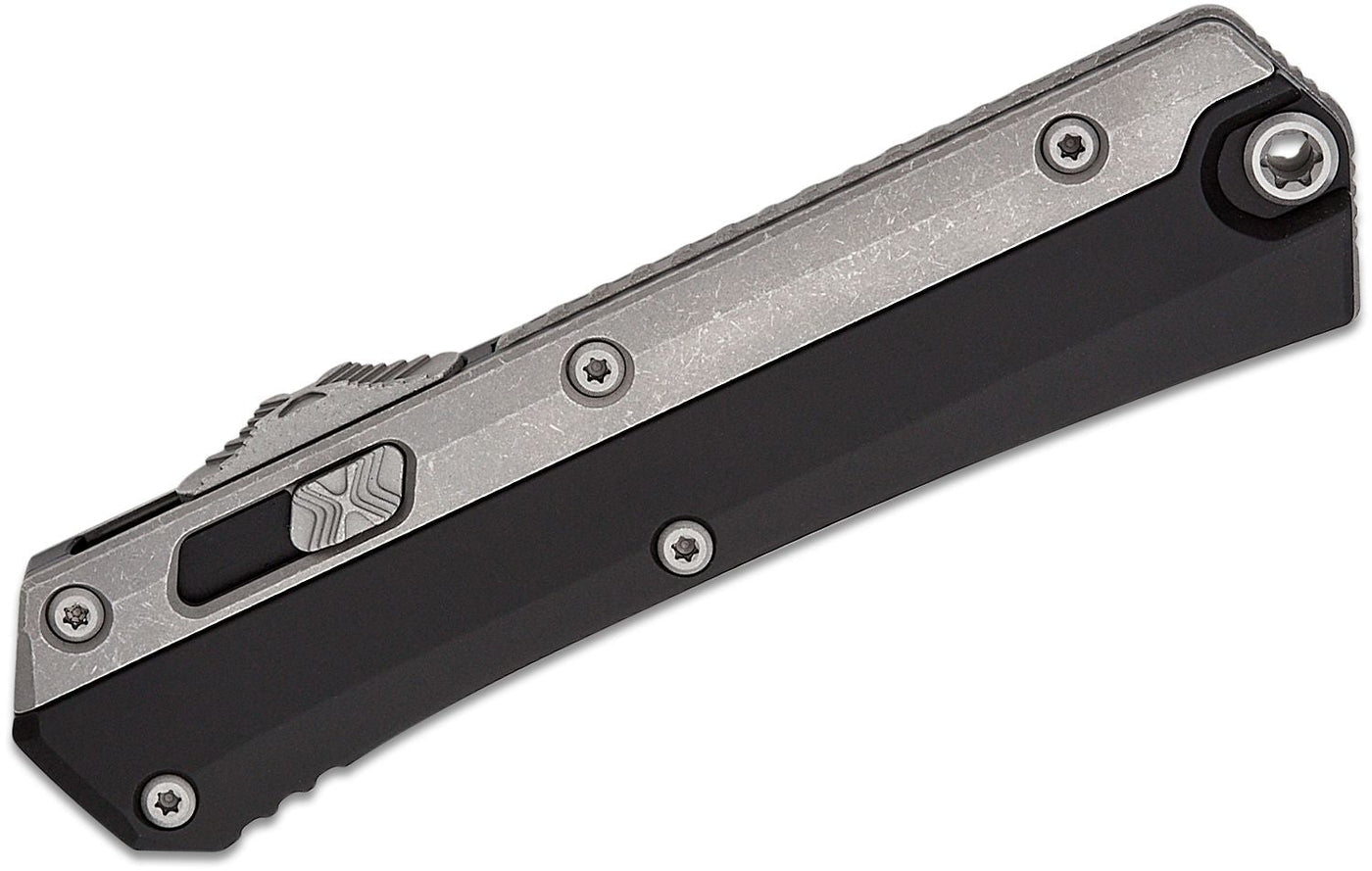 Microtech 184 - 10AP Glykon AUTO OTF Knife 3.75" Apocalyptic Double Edge Bayonet Blade, Black Aluminum Handles with Titanium Overlays - timberknives.com