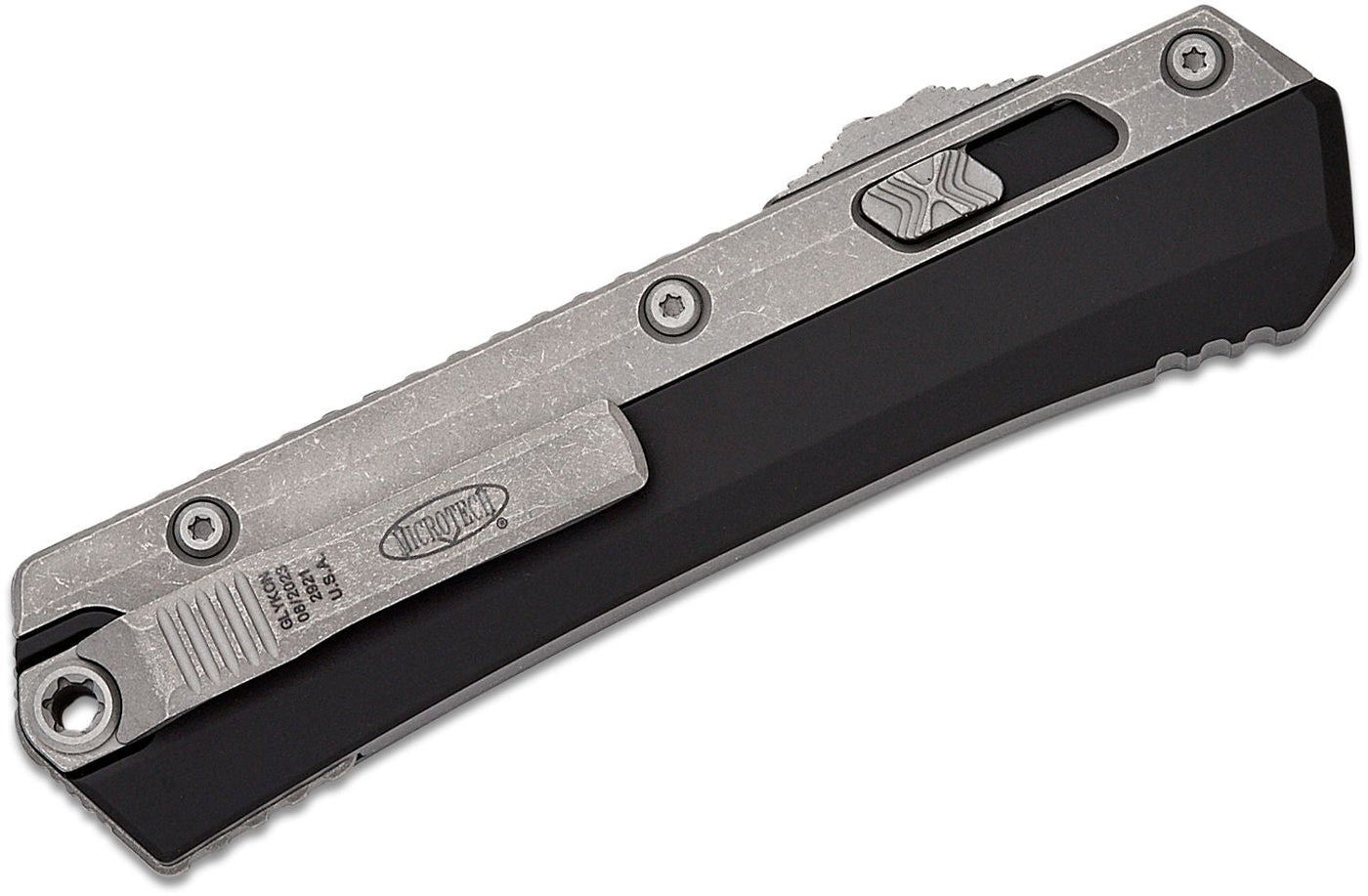Microtech 184 - 10AP Glykon AUTO OTF Knife 3.75" Apocalyptic Double Edge Bayonet Blade, Black Aluminum Handles with Titanium Overlays - timberknives.com