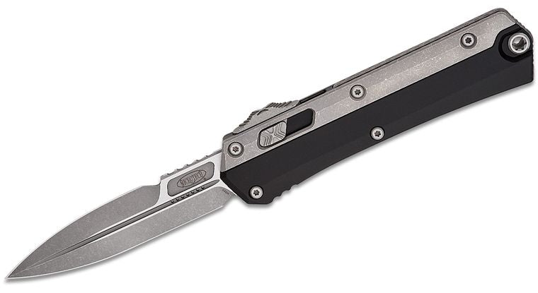 Microtech 184 - 10AP Glykon AUTO OTF Knife 3.75" Apocalyptic Double Edge Bayonet Blade, Black Aluminum Handles with Titanium Overlays - timberknives.com