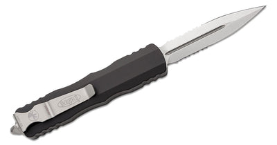 Microtech 225 - 11 Dirac AUTO OTF Knife 2.92" Stonewashed Double Combo Edge Dagger Blade, Black Aluminum Handles - timberknives.com