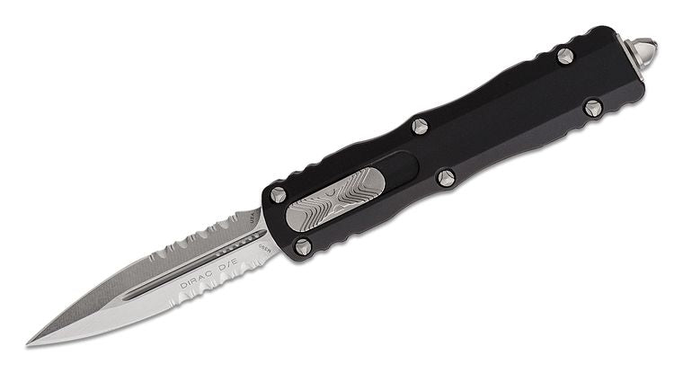 Microtech 225 - 11 Dirac AUTO OTF Knife 2.92" Stonewashed Double Combo Edge Dagger Blade, Black Aluminum Handles - timberknives.com