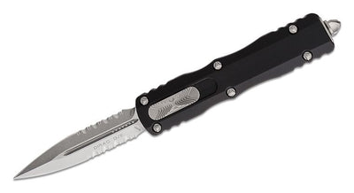 Microtech 225 - 11 Dirac AUTO OTF Knife 2.92" Stonewashed Double Combo Edge Dagger Blade, Black Aluminum Handles - timberknives.com