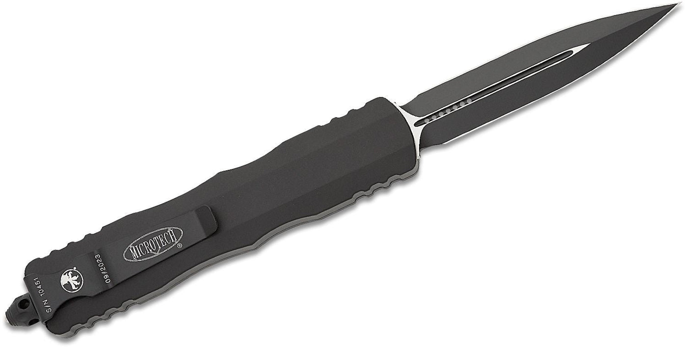 Microtech 227 - 1T Dirac Delta Tactical AUTO OTF Knife 3.79" Black Double Edge Dagger Blade, Black Aluminum Handles - timberknives.com